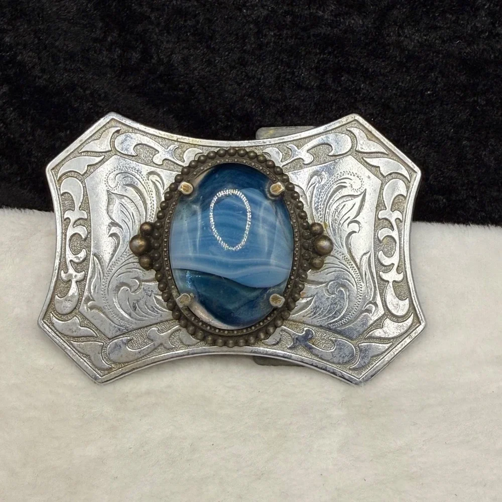 Vintage Polished Stone Belt Buckle Silver Tone Blue Stone